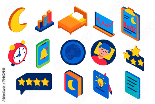 Isometric Sleep Icons. Isometric vector illustration set Sleep tracking: moon icon, sleep cycle chart, bed with pillow, REM cycle