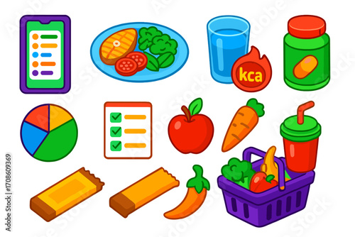 Nutrition Tracking Icons. Isometric vector illustration set Nutrition tracking: food log app screen, plate with healthy meal,