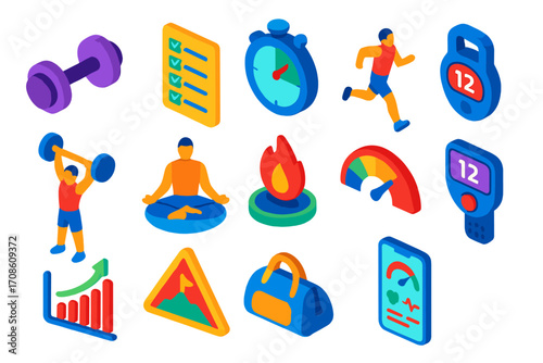 Workout Icons Collection. Isometric vector illustration set Workout tracking: dumbbell icon, workout plan list, exercise timer,