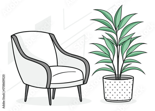 Elegant Armchair and Potted Plant Illustration for Interior Design Concepts