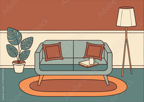 Cozy Living Room Interior with Sofa Plant Lamp and Oval Rug