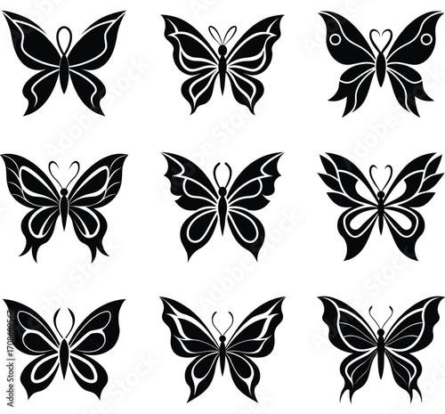Set of nine black silhouette butterfly graphic icons with varied wing designs on a white background