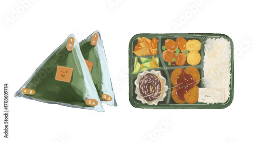 Delightful onigiri and savory bento box lunch evoke comfort and convenience for busy days.