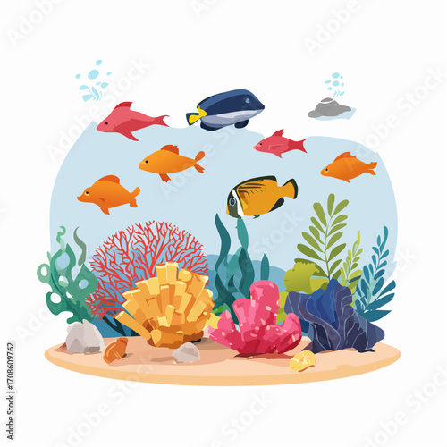 Illustration of a colorful coral reef with various fish swimming around.