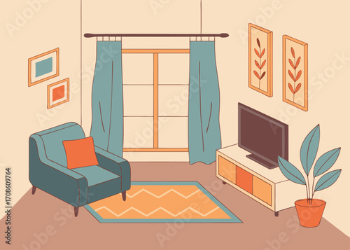 Cozy Living Room Interior with Armchair TV and Window in Warm Tones