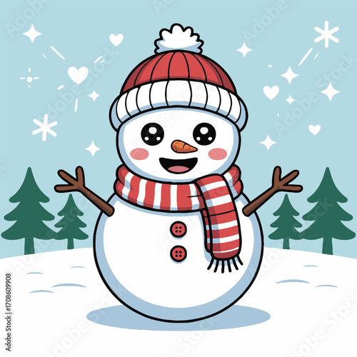Vector art of a delightful kawaii snowman illustration, complete with a cozy hat and scarf, set against a snowy backdrop this cheerful design captures the essence of winter fun and holiday cheer, , ma