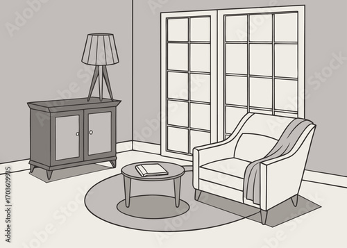 Cozy Reading Nook with Armchair Cabinet and Window Illustration