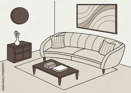 Minimalist Living Room Interior with Sofa Coffee Table and Artwork Illustration