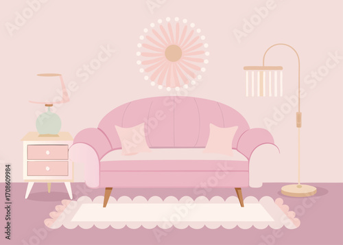 Elegant Pink Living Room Interior with Sofa Nightstand Lamp and Decoration