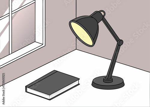 Desk lamp illuminating a book near a window in a simple illustration