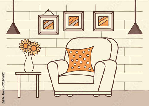 Cozy Living Room Interior with Armchair Flowers and Wall Art Illustration