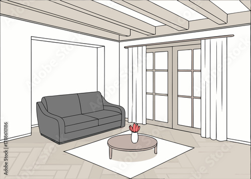 Cozy Living Room Interior Sketch with Sofa Coffee Table and French Doors