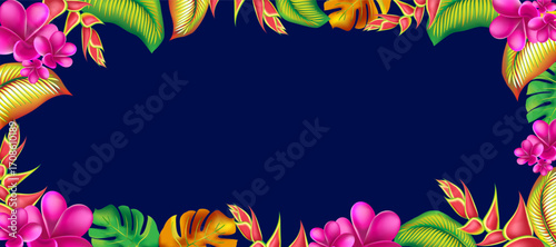 Trendy summer exotic flower banner card template. Palm monstera leaves with hibiscus and pink plumeria flowers abstract background.