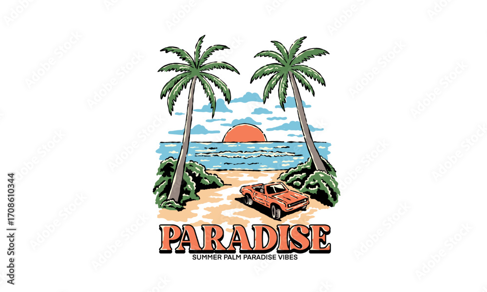 Naklejka premium classic car on a tropical beach at sunset. Retro paradise illustration for a summer t shirt print