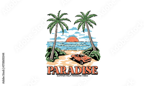classic car on a tropical beach at sunset. Retro paradise illustration for a summer t shirt print