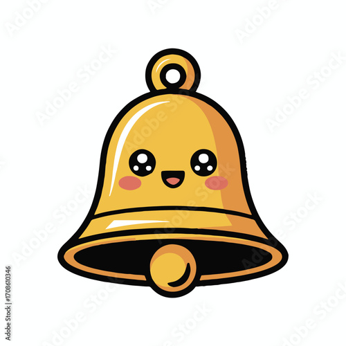 Vector art of a charming golden bell cartoon character with a cheerful face, , ideal for holiday greetings, festive decorations, and adding a touch of whimsy to any project, spreading joy and cheer
