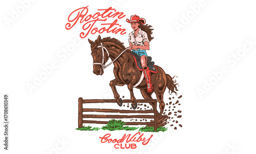retro artwork of a cowgirl on a jumping horse. Vintage Rootin Tootin illustration for a good vibes club t shirt print