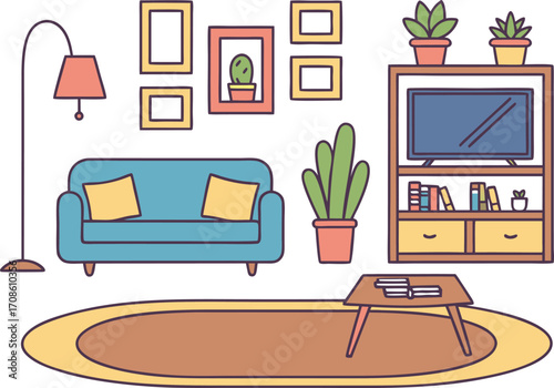 Cozy living room interior with furniture and decor in a flat vector style
