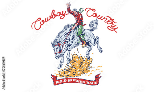 retro artwork of a cowboy in a wild horse race. Vintage Cowboy Country illustration for a rodeo t shirt print