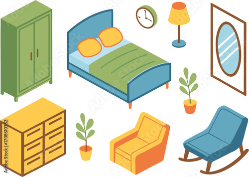 Isometric Furniture Set Bed Wardrobe Dresser Armchair Rocking Chair Mirror and Decor
