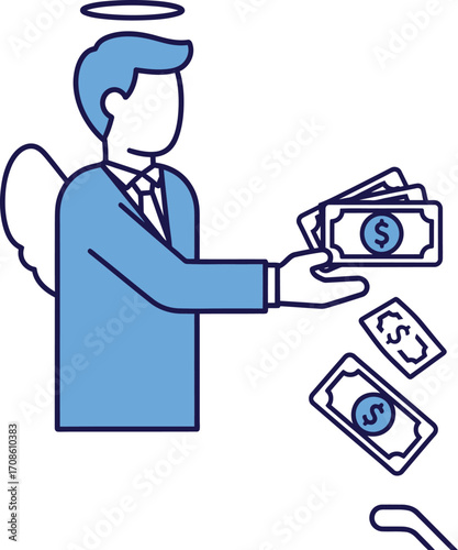Stylized angel investor illustration with halo and wings dropping money into hand