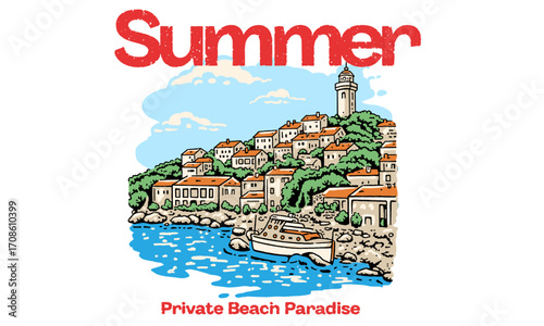 retro illustration of a coastal village with a lighthouse. Vintage summer artwork for a travel t shirt print or poster