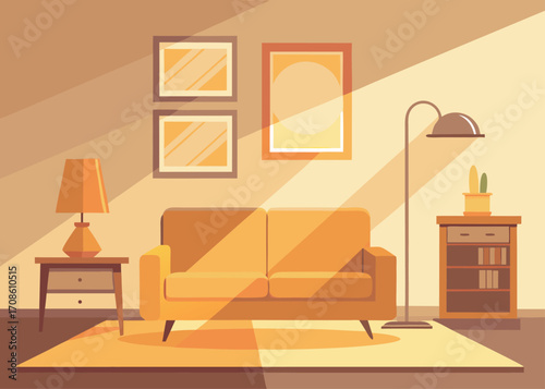 Cozy Living Room Interior with Sunlight and Warm Tones Illustration