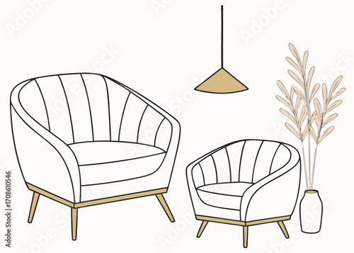 Elegant Living Room Interior Design with Armchairs Lamp and Pampas Grass Illustration