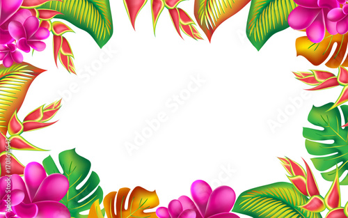 Trendy summer exotic flower banner card template. Palm monstera leaves with hibiscus and pink plumeria flowers abstract background.