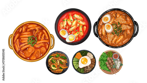 Vibrant Korean street food spread featuring tteokbokki, bibimbap, and noodles for a delicious culinary experience