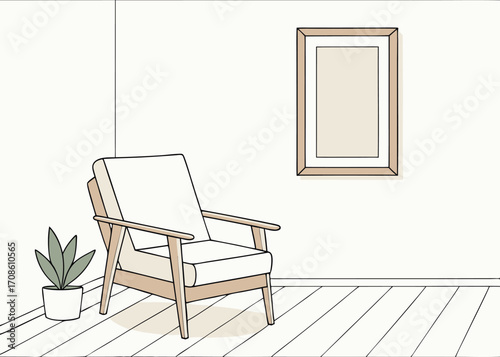 Cozy Interior Illustration with Armchair Plant and Picture Frame on the Wall