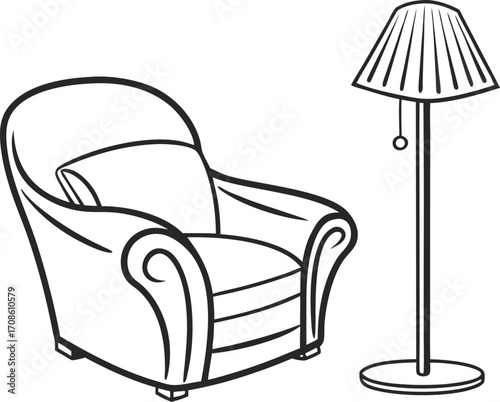 Cozy Armchair and Floor Lamp Illustration in Black and White Line Art