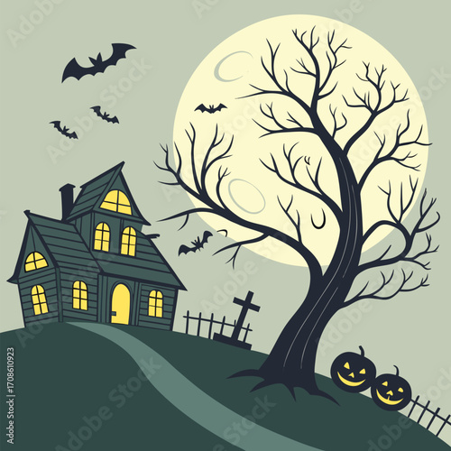 Spooky Haunted House Vector Illustration — Retro Halloween Scene for Posters and Party Invitations