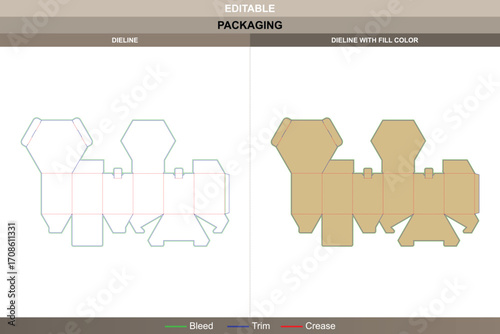 Hexagon shaped polygonal box dieline in custom sizes, editable packaging carton template for product branding and folding design structure with accurate die line