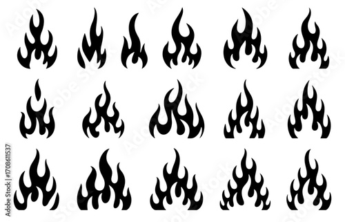 Collection of 18 vector flames in black color perfect for logo design tattoos or any fiery design project