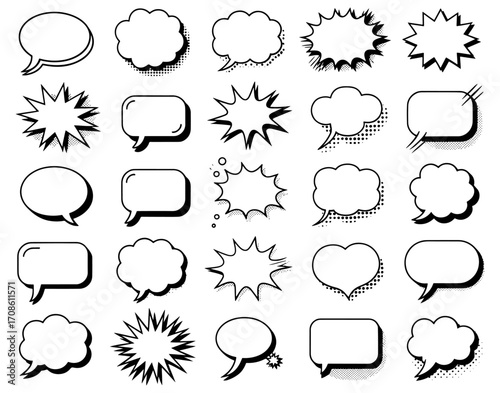 Collection of 24 different comic book style speech bubbles and text balloons