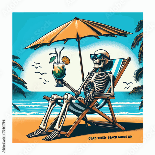 Skeleton enjoying tropical beach cocktail, vibrant vector illustration, summer vacation mood. Beach t shirt design