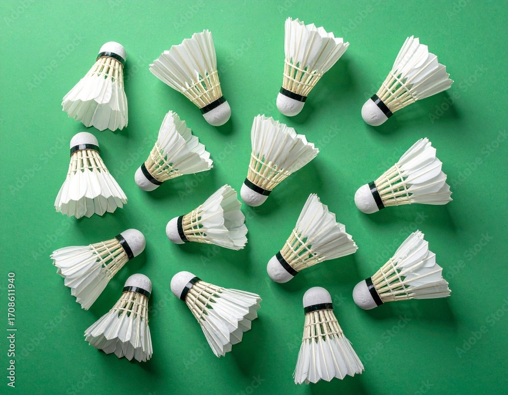 Scattered Badminton Shuttlecocks on Green Background
Scattered Badminton Shuttlecocks on Green Background