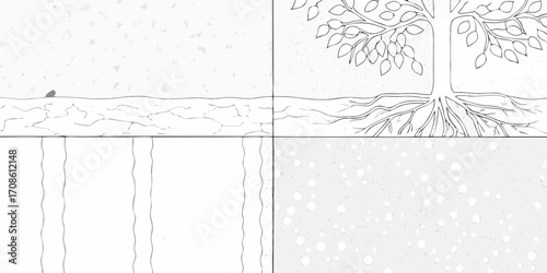Four distinct abstract minimalist graphic designs in a grid layout featuring textures and simple line art elements