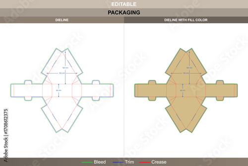Polygonal box dieline with buckle closure in custom dimensions, editable carton design template for retail packaging and branding setup using accurate die line