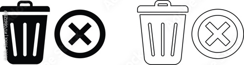 Black and White Trash Can Icon with Delete Symbol