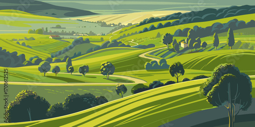 Stylized illustration of rolling green hills and farmland with winding paths and trees under a soft sky