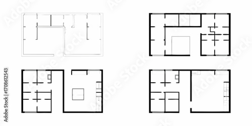 Four different architectural floor plan layouts with varying room divisions and interior designs