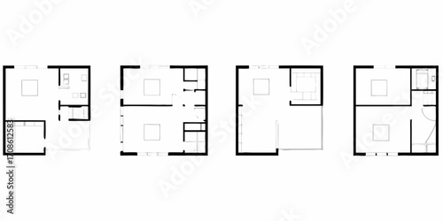 Collection of four minimalist architectural floor plan sketches showing different apartment layouts and room configurations
