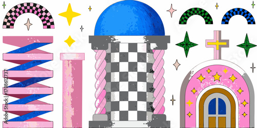 Whimsical architectural elements and celestial shapes with a playful checkered pattern and vibrant colors