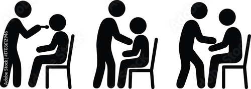 Elderly care stickman silhouette icons showing caregiver helping senior person sitting in chair for medical and nursing support design