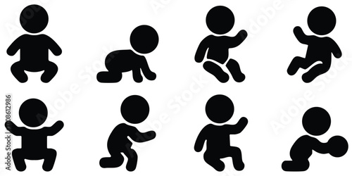 Stickman baby silhouette icons showing crawling, sitting, playing, and toddler movement poses for childcare and parenting design