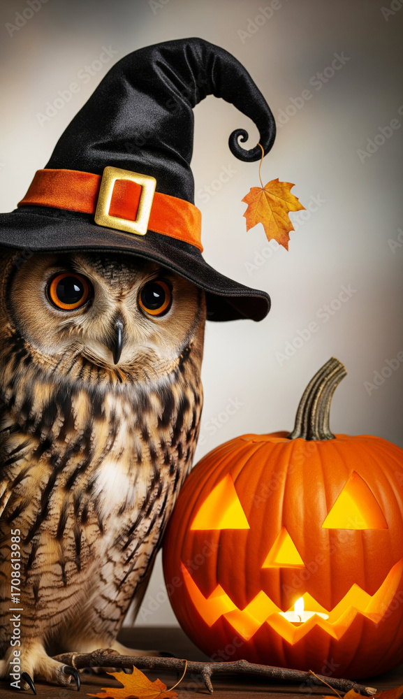 Fototapeta premium Realistic Owl in Witch Costume with Pumpkin Lantern for Halloween Night