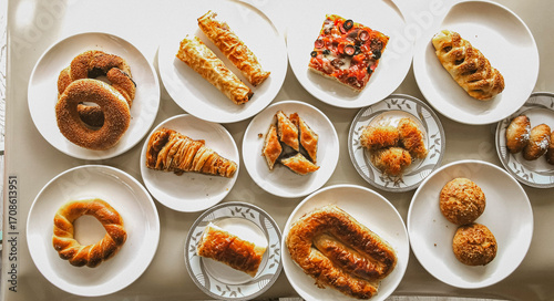 Bilde på lerret Delicious meat kebab with fresh vegetable salad served with variety of Turkish dishes and appetizers