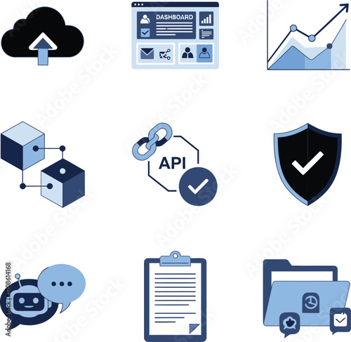 Collection of modern flat icons representing cloud computing data security and analytics isolated on white background